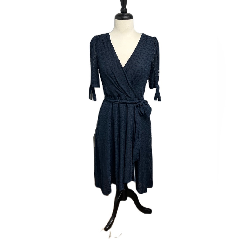 Tommy Hilfiger Midi Dress Sz 4 Semi Shear A Line Puff-Sleeve Dark Blue Classic